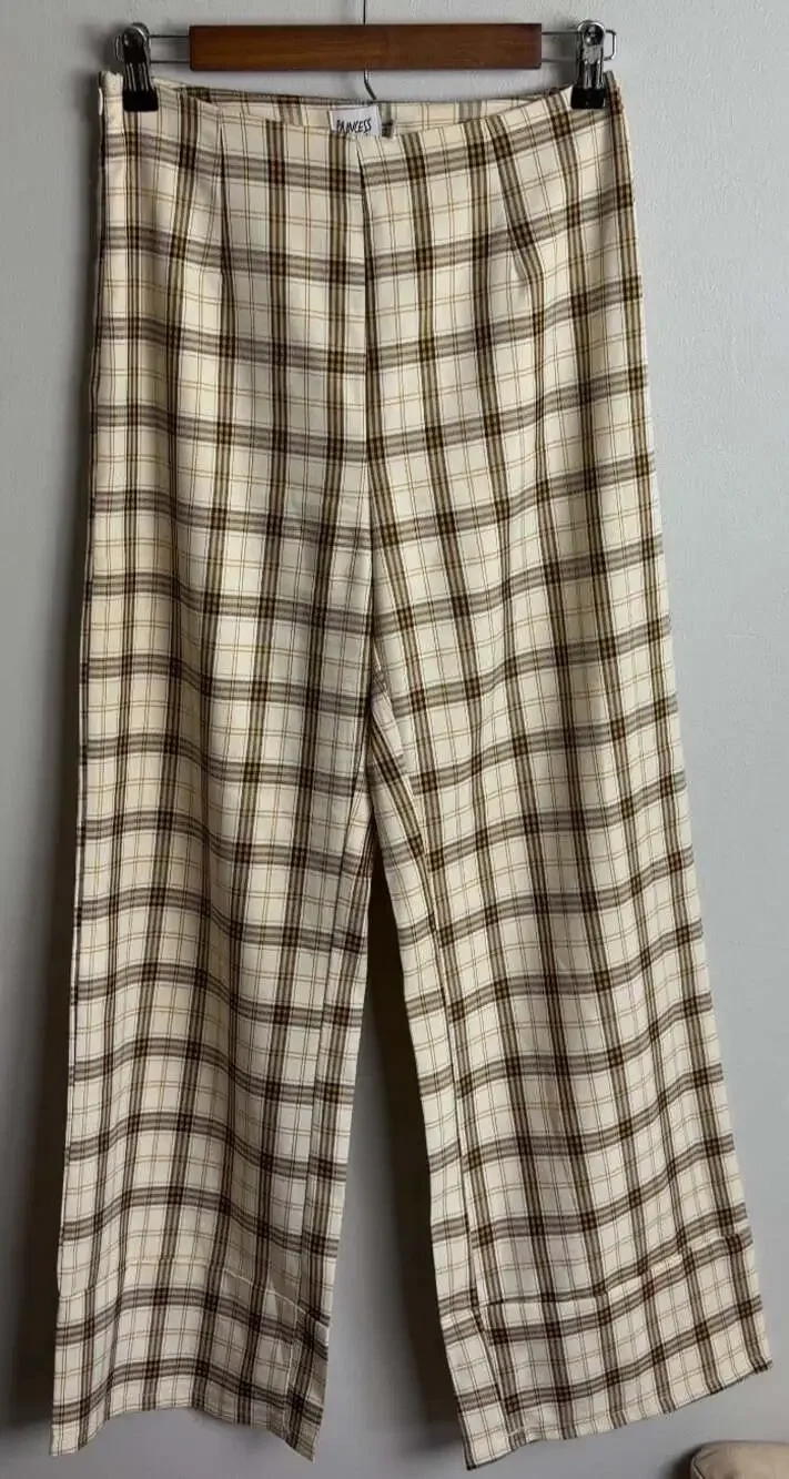 Princess Polly Plaid Trousers Wide Leg Cream Brown US 4 AU 8 Academia Women’s